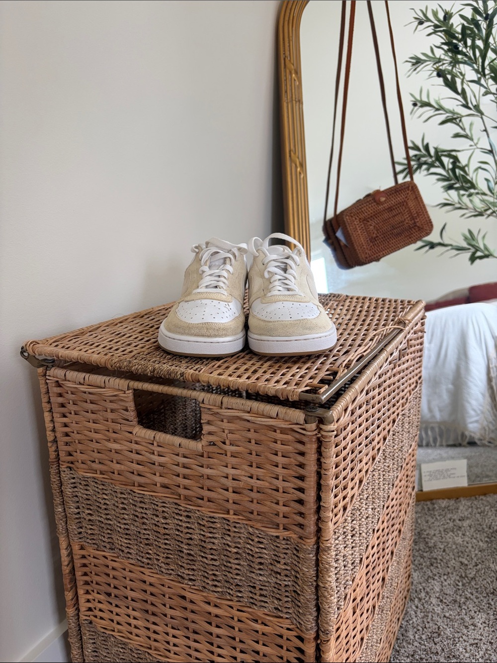 Nike Women's White and Beige Low-Top Sneakers with Tan Suede Accents